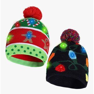 LED Christmas Beanie Hats With Pompom & Holiday Patterns 2-Pack Light-Up Adult